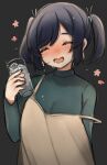  1girl alternate_costume arm_behind_back bangs black_background blue_hair blue_sweater blush breasts brown_dress closed_eyes cup dress drunk earrings eyebrows_visible_through_hair hair_ribbon highres holding holding_cup jewelry kantai_collection long_sleeves nose_blush off_shoulder open_mouth ribbon sagor942014 short_twintails simple_background solo souryuu_(kancolle) sweat sweater twintails 