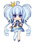  1girl ahoge back_bow bangs bare_shoulders blue_eyes blue_flower blue_footwear blue_hair blue_legwear blue_neckwear blue_ribbon blue_rose bow bowtie closed_mouth commentary_request corset crown detached_collar dress drill_hair eyebrows_visible_through_hair flat_chest flower full_body hair_ribbon hand_on_own_chest hand_up happy heart heart_in_eye heterochromia knees_together_feet_apart long_hair looking_at_viewer mini_crown muguet original ribbon rose shoes short_dress simple_background single_thighhigh smile solo standing straight-on strapless strapless_dress symbol_in_eye thigh-highs tied_hair tilted_headwear twin_drills twintails very_long_hair violet_eyes white_background wrist_cuffs yellow_headwear 