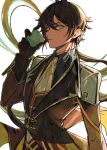  1boy bangs black_gloves brown_hair cup dark_skin dark_skinned_male earrings formal genshin_impact gloves hair_between_eyes highres holding jewelry long_hair long_sleeves male_focus mygiorni signature solo suit teacup white_background yellow_eyes zhongli_(genshin_impact) 