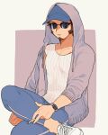  1boy alternate_costume baseball_cap blue_pants brown_hair casual cigarette facial_hair fate/grand_order fate_(series) foot_out_of_frame goatee grey_jacket hat hat_under_hood holding holding_cigarette hood hood_up hooded_jacket jacket male_cleavage male_focus mature_male napoleon_bonaparte_(fate) open_clothes open_jacket pants pectorals shirt shitappa short_hair sideburns sleeveless sleeveless_shirt solo sunglasses toned toned_male white_shirt 