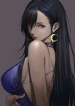  1girl bare_arms bare_shoulders black_hair breasts brown_eyes crescent crescent_earrings dress earrings final_fantasy final_fantasy_vii final_fantasy_vii_remake grey_background highres jewelry large_breasts lips looking_at_viewer purple_dress rungsak_sontayanont sideboob simple_background solo tifa_lockhart upper_body 