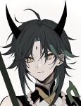  1boy ahoge bead_necklace beads black_hair facial_mark forehead_mark genshin_impact green_hair grey_background highres horns jewelry male_focus mihnd182 multicolored_hair necklace simple_background sleeveless solo upper_body xiao_(genshin_impact) yellow_eyes 