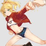  belt blonde_hair cutoffs eyebrows_visible_through_hair fang fate/apocrypha fate_(series) fist_bump green_eyes grey_background grin highres jacket jewelry leather leather_jacket midriff mordred_(fate) mordred_(fate)_(all) navel necklace ponytail popped_collar pov rizu033 short_hair shorts simple_background smile strapless tubetop 