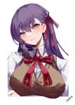  1girl absurdres arm_under_breasts artist_name bangs blush breasts collared_shirt commentary_request fate/stay_night fate_(series) hair_ribbon highres homurahara_academy_uniform hoshino_yuu_sama large_breasts long_hair looking_at_viewer matou_sakura neck_ribbon parted_lips purple_hair red_ribbon ribbon shirt simple_background smile solo upper_body violet_eyes white_background white_shirt 