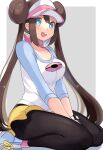  1girl bangs blush bow breasts brown_hair commentary_request double_bun highres legwear_under_shorts long_hair open_mouth pantyhose pink_bow pokemon pokemon_(game) pokemon_bw2 raglan_sleeves ririmon rosa_(pokemon) shirt shoes short_shorts shorts sidelocks smile sneakers solo teeth tongue twintails visor_cap yellow_shorts 