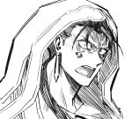  1boy akizora angry constricted_pupils cu_chulainn_(fate)_(all) cu_chulainn_alter_(fate/grand_order) earrings facial_tattoo fate/grand_order fate_(series) glaring hair_over_shoulder hair_strand hood jewelry long_hair looking_at_viewer male_focus monochrome open_mouth simple_background solo tattoo upper_body white_background wide-eyed 