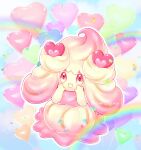  absurdres alcremie artist_name balloon commentary_request full_body gen_8_pokemon hands_up happy heart heart_in_eye highres kazusa_hiyori no_humans open_mouth outline pokemon pokemon_(creature) smile solo symbol_in_eye watermark 