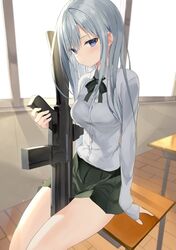  1girl assault_rifle between_legs blue_eyes bow bowtie breasts classroom closed_mouth collared_shirt desk dress_shirt expressionless green_skirt grey_hair gun highres holding holding_gun holding_weapon indoors long_hair long_sleeves looking_at_viewer medium_breasts miniskirt on_desk original pleated_skirt rifle school_uniform shirt sidelocks sitting sitting_on_desk skirt sleeves_past_wrists solo sunlight thighs weapon white_shirt zukan_(db_tyoutyo) 