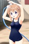  1girl arms_up blue_swimsuit breasts collarbone commentary_request cowboy_shot gochuumon_wa_usagi_desu_ka? hair_ornament hairclip hose hoto_cocoa inakami light_brown_hair medium_breasts open_mouth school_swimsuit short_hair signature solo standing swimsuit violet_eyes 