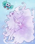  alolan_form alolan_ninetales closed_mouth commentary english_commentary gen_7_pokemon miyaulait no_humans open_mouth paws pokemon pokemon_(creature) rowlet smile sparkle talons toes tongue violet_eyes watermark web_address 