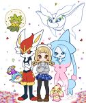  3girls @_@ absurdly_long_hair alcremie alcremie_(ruby_swirl) alcremie_(strawberry_sweet) animal_ears arm_up bangs bike_shorts black_legwear black_sclera blank_eyes blonde_hair blue_eyes blue_fur blue_hair blue_headwear blue_skirt blunt_bangs blush blush_stickers body_fur braid brown_eyes brown_footwear bunny_tail cinderace closed_mouth collared_shirt colored_sclera colored_skin commentary_request confetti cross-laced_footwear crossed_arms eldegoss flat_chest floating food frosmoth fruit full_body furry gen_8_pokemon gloria_(pokemon) grey_skin grey_sweater happy hat hatterene heart highres holding long_hair long_sleeves looking_at_another looking_at_viewer looking_up miniskirt muguet multicolored_hair multiple_girls open_mouth pantyhose paws pink_hair plaid plaid_skirt pleated_skirt pokemon pokemon_(creature) pokemon_(game) pokemon_swsh polteageist prehensile_hair rabbit_ears rabbit_girl red_eyes red_fur redhead shirt shoes short_hair simple_background skirt smile standing straight-on strawberry sweater tail teapot tied_hair twin_braids two-tone_hair very_long_hair white_background white_eyes white_fur white_shirt witch_hat yellow_eyes yellow_fur 