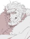  1boy beard blush cape face facial_hair fate/grand_order fate/zero fate_(series) fur-trimmed_cape fur_trim greyscale grin highres htkym_1003 iskandar_(fate) looking_at_viewer male_focus mature_male messy_hair monochrome portrait smile solo thick_eyebrows white_background 