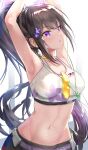 1girl :o armpits arms_up blue_archive breasts brown_hair choker hair_ornament highres long_hair medium_breasts midriff navel ponytail solo sports_bra sportswear sumire_(blue_archive) sweat uenoryoma violet_eyes white_background yellow_choker 