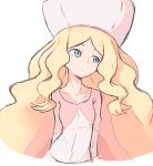  1girl blonde_hair blue_eyes blush breasts caitlin_(pokemon) closed_mouth collarbone dress elite_four hat highres julian0223 long_hair looking_away pink_dress pink_headwear pokemon pokemon_(game) pokemon_bw small_breasts solo very_long_hair wavy_hair white_background 