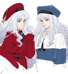  2girls bangs big_hair black_bow blue_coat blue_headwear bow bright_pupils brooch capelet caren_hortensia closed_mouth coat cravat dual_persona earrings fate/grand_order fate_(series) grey_hair hand_up hat highres jewelry long_hair multiple_girls parted_bangs red_coat red_headwear sankomichi simple_background smile tassel white_background white_capelet white_pupils yellow_eyes 