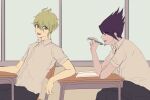  2boys :d alternate_costume amami_rantarou antenna_hair bangs black_pants book chair classroom collared_shirt commentary_request dangan_ronpa_(series) dangan_ronpa_v3:_killing_harmony dangyu_(danganpa) desk facial_hair from_side goatee green_hair grey_shirt hair_up hand_up holding_hand indoors looking_at_another looking_at_viewer male_focus messy_hair momota_kaito multiple_boys open_book open_mouth pale_skin pants purple_hair school_chair school_desk shirt sitting smile spiky_hair sweatdrop upper_teeth window 
