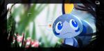  blue_eyes blurry blurry_background bright_pupils closed_mouth commentary_request creature frown gen_8_pokemon new_pokemon_snap no_humans otsumami_(bu-bu-heaven) pokemon sideways_glance sobble starter_pokemon viewfinder 
