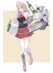  1girl alcohol arm_up armpit_cutout bangs boots bottle breasts brown_eyes clothing_cutout colis frilled_skirt frills grey_hair hair_between_eyes hat highres holding holding_bottle kantai_collection knee_boots long_hair long_sleeves medium_breasts mini_hat open_mouth pola_(kancolle) red_neckwear red_skirt rigging simple_background skirt solo thigh-highs two-tone_background wavy_hair white_legwear 