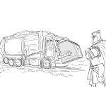  1boy armor bb_(baalbuddy) breastplate cape commentary dumpster english_commentary garbage_truck greyscale helmet highres monochrome original simple_background white_background 