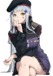  1girl absurdres arm_support bangs bare_legs beret black_headwear blunt_bangs breasts commentary_request crossed_legs facial_mark girls_frontline green_eyes hair_ornament hat head_rest highres hk416_(girls_frontline) jacket kuroa_geha large_breasts long_hair long_sleeves looking_at_viewer pleated_skirt silver_hair sitting skirt solo teardrop thighs white_background 