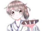  1girl brown_eyes brown_hair candy chocolate chocolate_bar commentary_request food japanese_clothes kaga_(kancolle) kantai_collection kominato_haru long_hair looking_at_viewer side_ponytail simple_background solo upper_body white_background 
