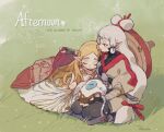  2girls blanket blonde_hair dress fingerless_gloves forehead_tattoo gloves grass hair_bun harmonybreeze highres hyrule_warriors:_age_of_calamity impa leaning_on_person looking_at_another multiple_girls pointy_ears princess_zelda seiza sheikah silver_hair sitting sleeping sleeping_on_person terrako the_legend_of_zelda the_legend_of_zelda:_breath_of_the_wild 