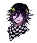  1boy absurdres bangs black_hair blue_eyes checkered checkered_scarf commentary_request cropped_shoulders dangan_ronpa_(series) dangan_ronpa_v3:_killing_harmony face hair_between_eyes highres looking_at_viewer male_focus messy_hair ouma_kokichi pink_eyes purple_hair scarf short_hair simple_background smile solo ufo_(mdcf5324) white_background 
