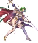 1girl armor belt black_legwear boots breastplate broken_armor cape clenched_teeth dithorba_(fire_emblem) dress elbow_gloves fire_emblem fire_emblem:_genealogy_of_the_holy_war fire_emblem_heroes full_body gloves gold_trim green_eyes green_hair high_heels highres holding holding_weapon looking_away official_art parted_lips polearm shiny shiny_hair shiny_skin short_dress short_hair shoulder_armor sleeveless solo spear teeth thigh-highs thigh_boots thighs torn_cape torn_clothes transparent_background turtleneck weapon white_dress white_footwear white_gloves yoneko_okome99 zettai_ryouiki