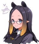  1girl 2000s_(style) :3 =_= black_dress blue_eyes dress english_commentary forehead from_side glasses grey_shirt hair_behind_ear heart hololive hololive_english long_hair looking_at_viewer maru_ccy ninomae_ina&#039;nis official_alternate_costume pointy_ears shirt smile solo tako_(ninomae_ina&#039;nis) tentacle_hair virtual_youtuber 