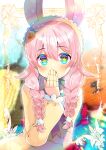  +_+ animal_ears bangs blue_eyes blurry blurry_background blush braid carrot_hair_ornament commentary_request depth_of_field doll_joints dollcakes dress eyebrows_visible_through_hair food_themed_hair_ornament hair_between_eyes hair_ornament hand_up indie_virtual_youtuber joints kouu_hiyoyo long_hair long_sleeves looking_at_viewer open_mouth pink_hair puffy_long_sleeves puffy_sleeves rabbit_ears twin_braids upper_teeth virtual_youtuber yellow_dress 