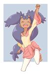  1girl bangs bow closed_eyes dark_skin dark-skinned_female fist_pump gym_leader hair_ornament highres iris_(pokemon) julian0223 long_hair open_mouth outstretched_arm pink_bow pokemon pokemon_(game) pokemon_bw purple_hair shirt simple_background solo tied_hair upper_teeth very_long_hair yellow_shirt 