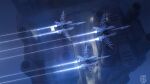  aircraft airplane artist_logo blue_theme commentary dofresh english_commentary fighter_jet highres infinite_fleet jet military military_vehicle no_humans official_art scenery science_fiction signature sky space_craft space_station star_(sky) starry_sky 