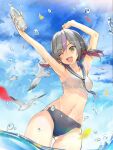  1girl air_bubble armpits bangs bird blurry_foreground bottle breasts bubble clouds collarbone cowboy_shot crop_top eyebrows_visible_through_hair green_eyes grey_hair hands_up highres holding holding_bottle looking_at_viewer low_twintails medium_breasts medium_hair multicolored_hair navel one_eye_closed open_mouth original panties petals petals_on_liquid purple_panties sailor_collar sidelocks sky sleeveless smile solo standing stomach streaked_hair sunlight swimsuit swimwear teddy_(khanshin) thighs tongue twintails underwear upper_teeth water 