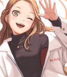  1girl artist_name black_shirt blush brown_hair coat hand_up jewelry long_hair long_sleeves looking_at_viewer necklace open_mouth original shirt smile solo upper_body white_coat yellow_eyes yu_kozato 