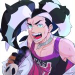  1boy black_hair choker eyeshadow green_(grimy) green_eyes grey_choker gym_leader highres holding holding_microphone jacket long_hair makeup male_focus microphone multicolored_hair off_shoulder open_mouth piers_(pokemon) pokemon pokemon_(game) pokemon_swsh purple_eyeshadow solo sweat symbol_commentary teeth tongue two-tone_hair white_hair white_jacket 