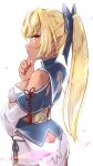  ass_cutout bare_shoulders blonde_hair bow butt_crack clothing_cutout dark_elf dark_skin dark-skinned_female detached_collar elf from_behind from_side hair_bow hand_on_own_chin high_ponytail highres hololive long_hair multicolored_hair orange_eyes pointy_ears shiranui_flare shoulder_cutout sideways_glance simple_background streaked_hair virtual_youtuber white_background yuyaiyaui 