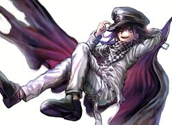  1boy :d absurdres adjusting_clothes adjusting_headwear arm_behind_head arm_up bangs black_footwear black_hair black_headwear cape checkered checkered_neckwear checkered_scarf commentary crossed_legs dangan_ronpa_(series) dangan_ronpa_v3:_killing_harmony dgrp_(minhduc12333) double-breasted english_commentary full_body grey_background grey_jacket grey_pants hat highres jacket looking_at_viewer male_focus one_eye_closed open_mouth ouma_kokichi pants peaked_cap pink_eyes purple_cape purple_hair scarf shiny shiny_clothes shoes simple_background smile solo straitjacket torn_cape torn_clothes upper_teeth violet_eyes white_background white_jacket white_pants 