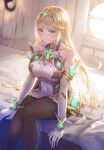  1girl absurdres anbe_yoshirou bed blonde_hair breasts gloves highres jewelry large_breasts mythra_(xenoblade) on_bed pantyhose sitting sitting_on_bed solo super_smash_bros. xenoblade_chronicles_(series) xenoblade_chronicles_2 