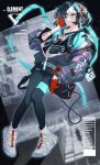  1girl absurdres arm_tattoo bandaid bandaid_on_forehead bangs black_hair blue_eyes blurry blurry_background gloves grandia_lee half_gloves headphones highres huge_filesize jacket open_clothes open_jacket original shoes short_hair sneakers solo tattoo zipper zipper_pull_tab 