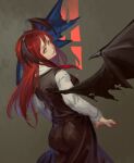  1girl ass bat_wings black_skirt black_vest closed_mouth fingernails from_behind head_wings inishie_kumo koakuma long_hair long_sleeves looking_at_viewer looking_back nail_polish red_eyes red_nails redhead shirt skirt smile solo spread_wings standing touhou vest white_shirt wings 