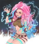  1girl :d armband artist_name bare_shoulders big_hair blue_eyes blue_hair blue_tattoo breasts commentary commission electricity english_commentary english_text feathers fingernails gradient_hair grey_eyes grin hands_up heterochromia large_breasts lavelis legs_together lipstick long_hair looking_at_viewer makeup multicolored_hair navel open_mouth original pelvic_curtain pink_hair pink_nails red_lips side_braids sitting skindentation smile solo thigh_gap under_boob very_long_hair wristband 