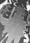  1girl absurdres afterimage bow closed_mouth frills genshin_impact greyscale hair_between_eyes highres holding holding_sword holding_weapon keqing_(genshin_impact) long_hair mazu_(mazumaro) monochrome reverse_grip solo sword twintails weapon 