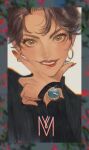  1girl bangs blurry blurry_background blurry_foreground blush brown_hair chromatic_aberration close-up dekooop depth_of_field ear_piercing earrings fang fingernails highres jewelry lips looking_at_viewer original piercing short_hair smile solo sweater watch 