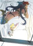  1boy 2girls armlet ass bare_shoulders black_hair black_legwear black_panties blonde_hair bracelet cape closed_eyes earrings ereshkigal_(fate) eyebrows_visible_through_hair fate/grand_order fate_(series) fujimaru_ritsuka_(male) hair_ribbon high_heels highres hoop_earrings ishtar_(fate) ishtar_(fate)_(all) jewelry leg_up long_hair multiple_girls nichi_(hibi_suimin) panties red_cape ribbon short_hair siblings single_thighhigh sisters thigh-highs tiara two_side_up underwear very_long_hair 