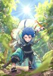  1boy abs asymmetrical_bangs asymmetrical_clothes bangs belt blue_hair bodysuit_under_clothes bracelet braid braided_ponytail capelet child closed_mouth cu_chulainn_(fate)_(all) dagger earrings fate/grand_order fate/grand_order_arcade fate_(series) floating_hair forest grin highres holding holding_dagger holding_weapon hood hood_up hooded_capelet jewelry long_hair looking_at_viewer male_focus muscular muscular_male nature one_knee outdoors pectorals ponytail puffy_pants red_eyes sandals setanta_(fate) smile solo spiky_hair staff sun sunlight takahasu_kaoru toeless_footwear tree weapon 