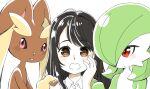  3girls :3 animal_ears bangs black_hair blush bob_cut body_fur brown_fur buttons closed_mouth collared_shirt colored_skin commentary_request eyebrows_visible_through_hair flat_chest furry gardevoir gen_3_pokemon gen_4_pokemon green_hair green_skin hair_over_one_eye hand_on_another&#039;s_shoulder hand_on_own_cheek hand_on_own_face hand_up interspecies long_hair looking_at_another looking_at_viewer looking_to_the_side lopunny muguet multicolored multicolored_skin multiple_girls open_mouth original pink_eyes pokemon pokemon_(creature) rabbit_ears rabbit_girl red_eyes shiny shiny_hair shirt short_hair sidelocks simple_background smile straight-on swept_bangs two-tone_fur two-tone_skin upper_body white_background white_shirt white_skin yellow_fur yuri 