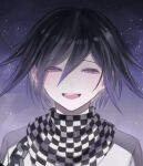  1boy :d bangs black_hair checkered checkered_scarf commentary_request dangan_ronpa_(series) dangan_ronpa_v3:_killing_harmony eyebrows_visible_through_hair face gradient gradient_background hair_between_eyes half-closed_eyes jacket looking_at_viewer male_focus open_mouth ouma_kokichi purple_hair scarf short_hair smile solo starry_background straitjacket upper_body upper_teeth violet_eyes yeoncho_(y2_rmk) 