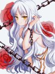  1girl armlet bangs bare_shoulders blush bracelet breasts caren_hortensia caren_hortensia_(amor_caren) chain collarbone dress fate/grand_order fate_(series) flower highres jewelry long_hair looking_at_viewer medium_breasts rose short_dress smile thighs wavy_hair white_dress white_hair yellow_eyes zhi_(yammycheese) 