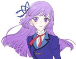  1girl aikatsu! aikatsu!_(series) bangs blue_jacket blue_ribbon blunt_bangs blunt_ends blush collared_shirt hair_ribbon hikami_sumire jacket light_smile long_hair looking_at_viewer neck_ribbon open_mouth parted_lips purple_hair red_neckwear ribbon sbs school_uniform shirt simple_background sketch solo star_(symbol) starlight_academy_uniform upper_body violet_eyes white_background white_shirt 