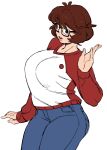  1girl blush breasts brown_hair denim english_commentary eyebrows_visible_through_hair from_above glasses highres jeans large_breasts looking_up open_hand open_mouth original pants red_sweater short_hair snowcie snowciel solo sweater two-tone_sweater waving white_background white_sweater 